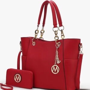 ~Michael Kors-Esque Red Tote Bag & Wallet Set w/Gold Tone “M” Hardware~